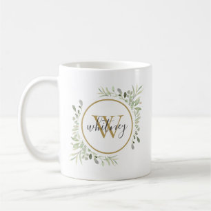 Taza De Café Monograma dorado con vegetación personalizada en l