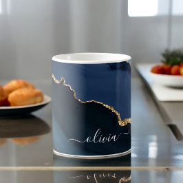 Taza De Café Monograma dorado de geoda de ágata azul marino