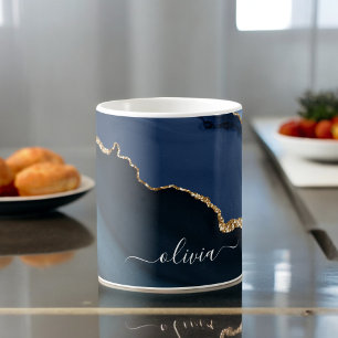 Taza De Café Monograma dorado de geoda de ágata azul marino