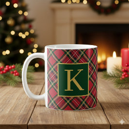 Taza De Café Monograma dorado de tartán rojo