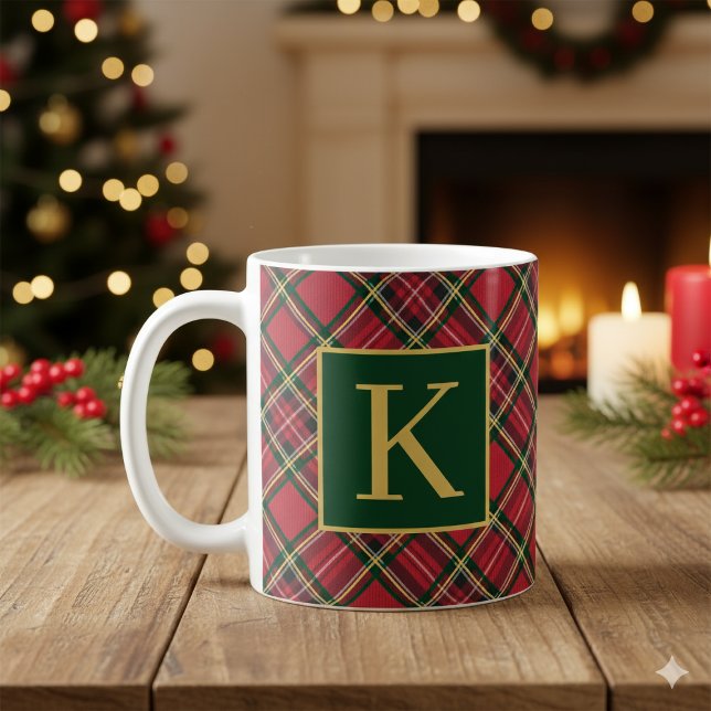 Taza De Café Monograma dorado de tartán rojo (Red Tartan Plaid Gold Monogram Coffee Mug)