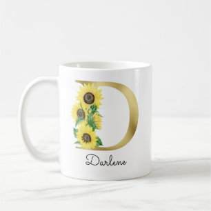 Taza De Café Monograma Dorado Girasol Floral Inicial D