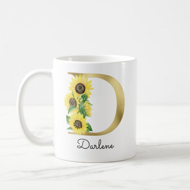 Taza De Café Monograma Dorado Girasol Floral Inicial D (Izquierda)