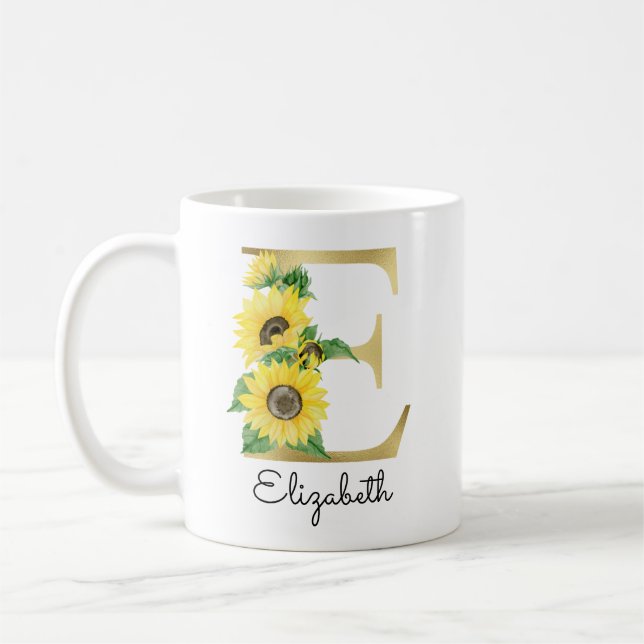 Taza De Café Monograma Dorado Girasol Floral Inicial E (Izquierda)