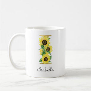 Taza De Café Monograma Dorado Girasol Floral Inicial I