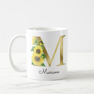 Taza De Café Monograma Dorado Girasol Floral Inicial M
