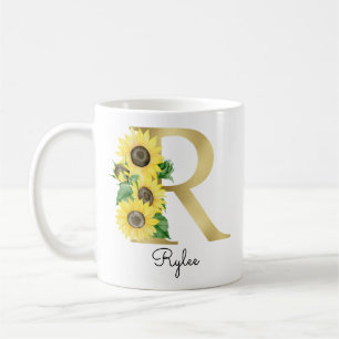 Taza De Café Monograma Dorado Girasol Floral Inicial R