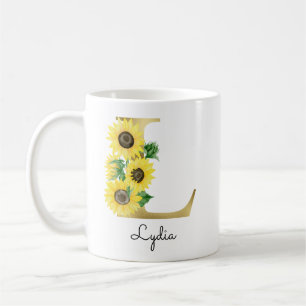 Taza De Café Monograma Dorado Girasol Giro Floral Inicial L