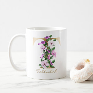 Taza De Café Monograma dorado letra T floral blanco magenta púr