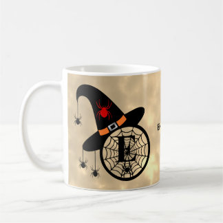 Taza De Café Monograma E Halloween Sky Witch Spider Name