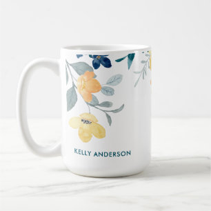 Taza De Café Monograma Elegante Amarillo y Azul Floral Acuarela