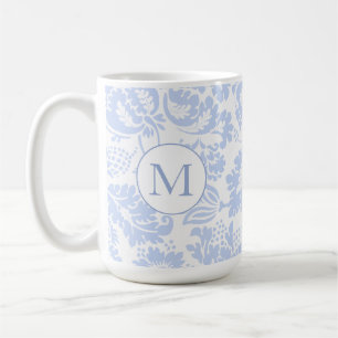 Taza De Café Monograma Elegante Botánico Floral Azul