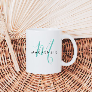 Taza De Café Monograma elegante de escritura Verde azulada mode