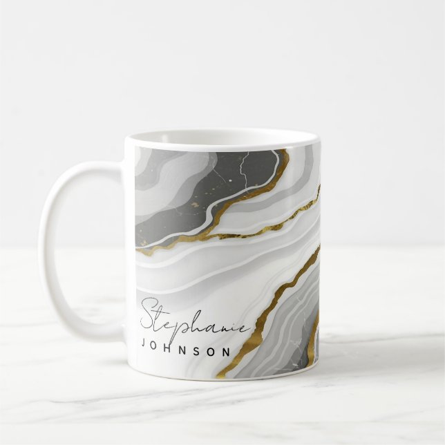 Taza De Café Monograma elegante de mármol blanco Relieve metali (Izquierda)