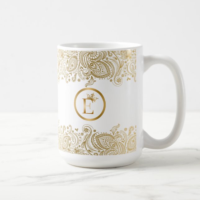 Taza De Café Monograma Elegante De Oro Y Paisley Blanca (Derecha)