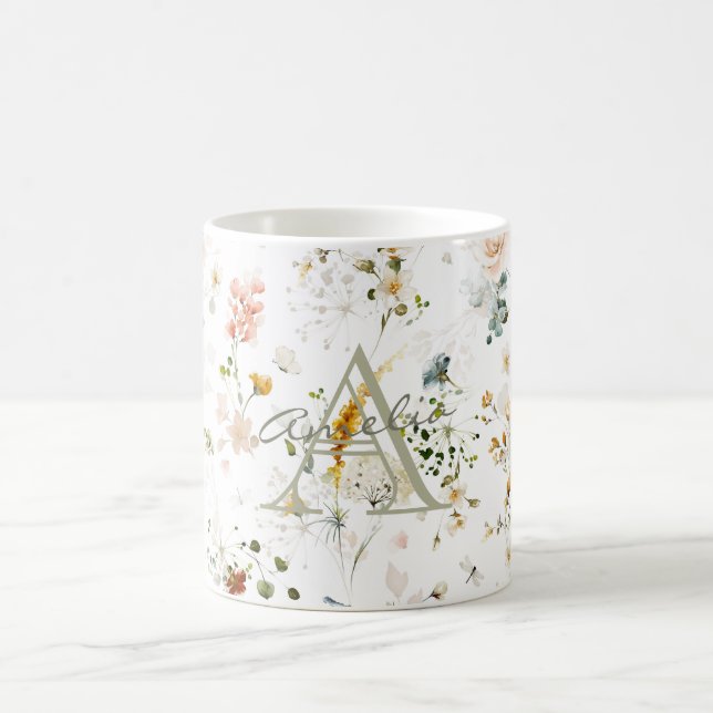 Taza De Café Monograma elegante del jardín de flores (Centro)