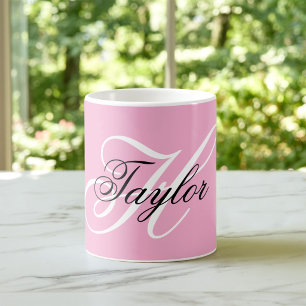 Taza De Café Monograma elegante en blanco y negro rosa