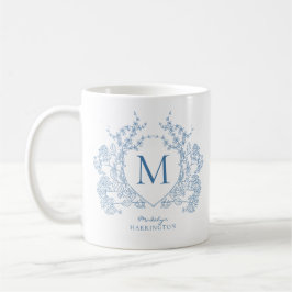 Taza De Café Monograma elegante Escudo floral azul de época