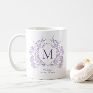 Taza De Café Monograma elegante Escudo violeta con flores