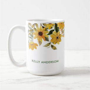 Taza De Café Monograma Elegante Floral Acuarela Amarillo