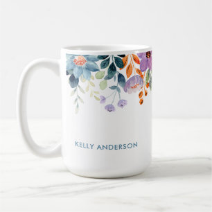 Taza De Café Monograma elegante floral acuarela azul púrpura