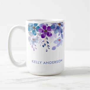 Taza De Café Monograma Elegante Floral Acuarela Morado y Azul