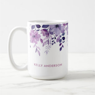 Taza De Café Monograma elegante floral de acuarela púrpura