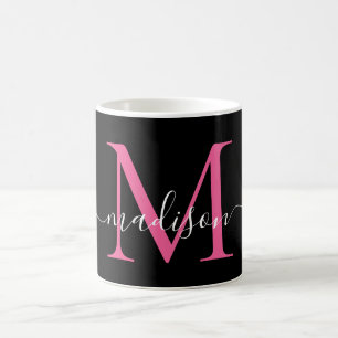 Taza De Café Monograma elegante monograma negro brillante rosa 