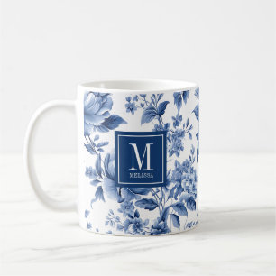 Taza De Café Monograma Elegante Rosa Floral Azul Blanco