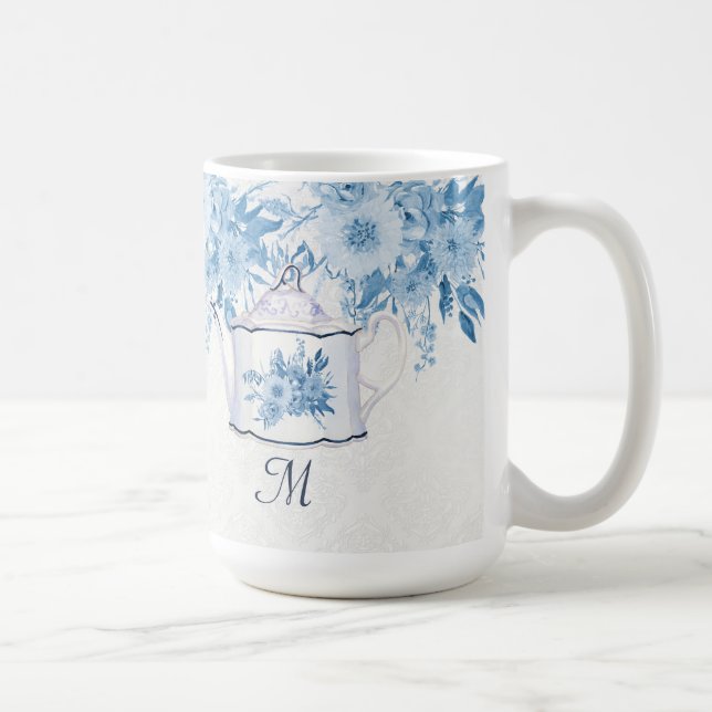 Taza De Café Monograma elegante tetera azul turbio y floral bla (Derecha)