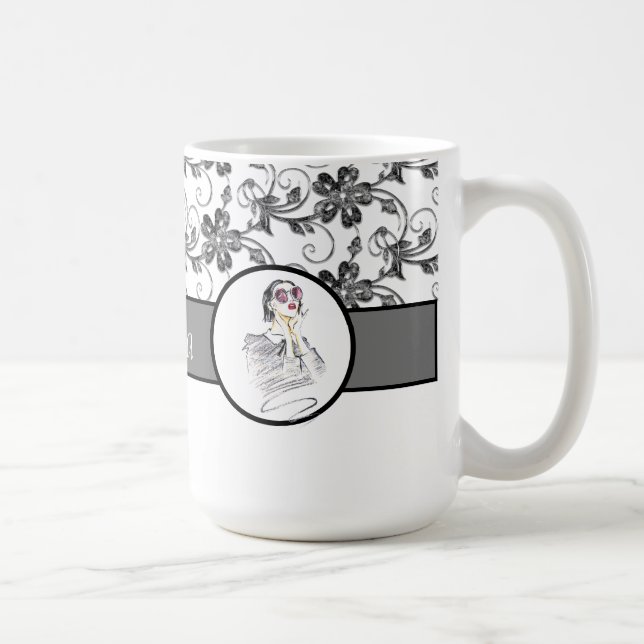 Taza De Café Monograma elegante y patrón floral (Derecha)