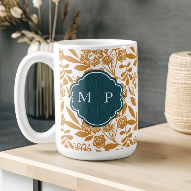 Taza De Café Monograma Estilo País Negrita Patrón Floral Amaril (Monogram Country Style Bold Floral Pattern Yellow Coffee Mug)