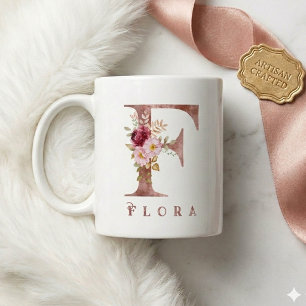 Taza De Café Monograma F Floral de Oro Rosa Personalizado