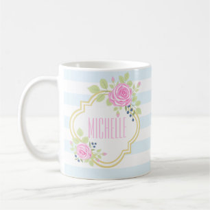 Taza De Café Monograma Fancy Roses rosas rosas rosas azules Mug