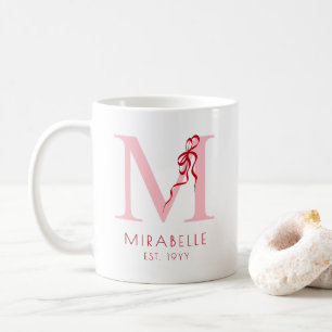 Taza De Café Monograma Femenina con Lazo Rojo Chic Inicial Rosa