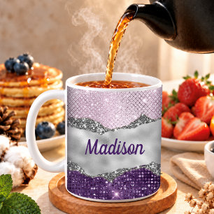 Taza De Café Monograma femenino plateado brillante rosa púrpura