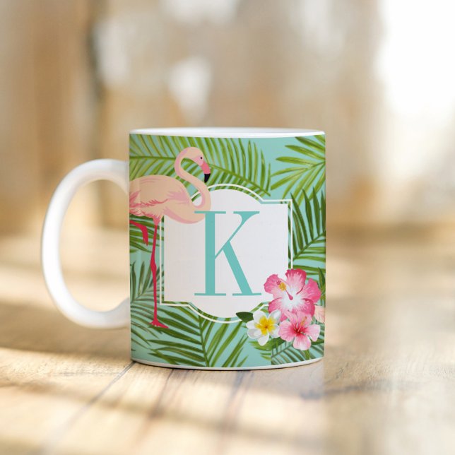 Taza De Café Monograma Flamingo y Flores Hibiscus Tropical (Subido por el creador)