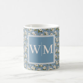 Taza De Café Monograma Flor de Floral Azul Elegante