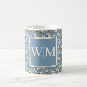 Taza De Café Monograma Flor de Floral Azul Elegante