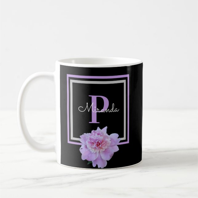 Taza De Café Monograma Flor rosa Negro Café Mug (Izquierda)