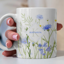 Taza De Café Monograma Flor Silvestre Azul Personalizada