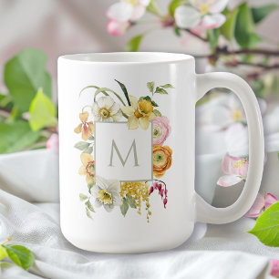 Taza De Café Monograma floral acuarela de florecientes primaver