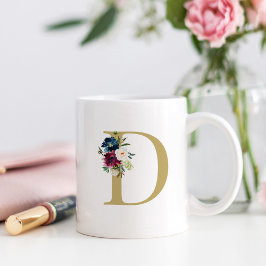 Taza De Café Monograma floral acuarela en burgundy y azul marin