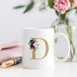 Taza De Café Monograma floral acuarela en burgundy y azul marin