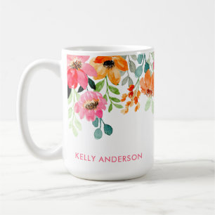 Taza De Café Monograma Floral Acuarela Rosa con Estilo