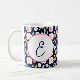 Taza De Café Monograma floral acuarela rosa y amarillo
