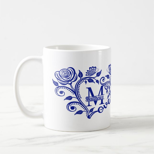 Taza De Café Monograma floral azul de la marina personalizada M (Izquierda)