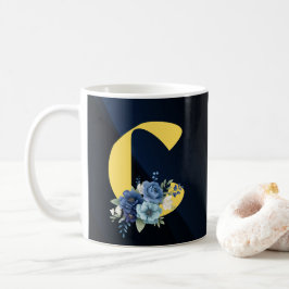 Taza De Café Monograma Floral Azul Marino Moderno Feliz Cumplea