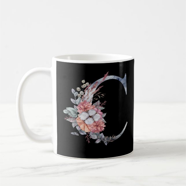 Taza De Café Monograma floral azul personalizado C (Izquierda)