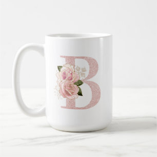 Taza De Café Monograma floral B de glitter rosa dorado femenino